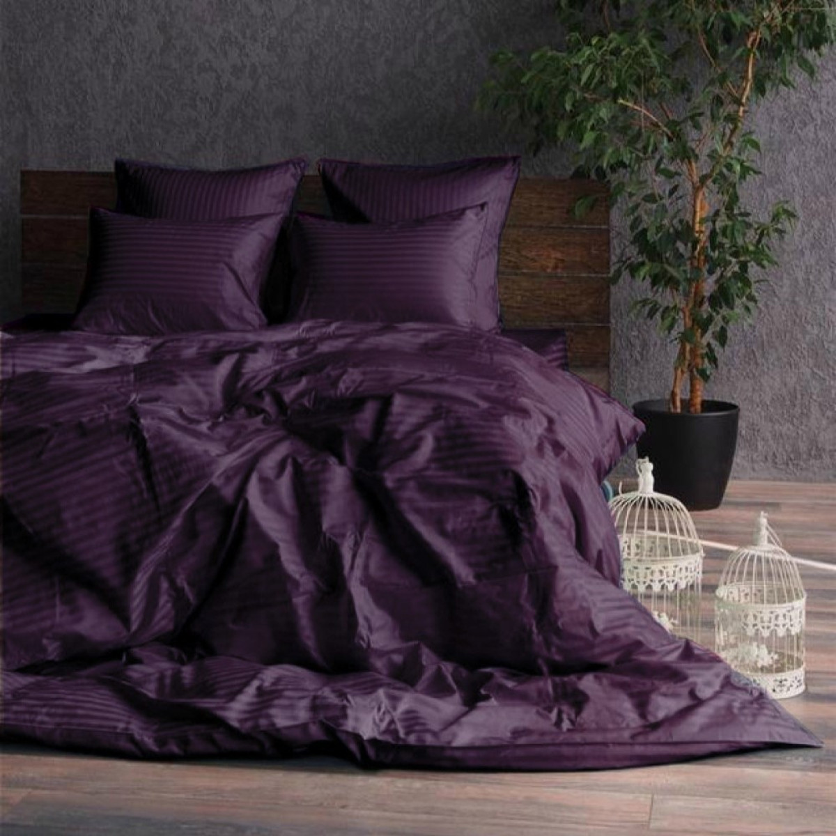 Страйп сатин постільна білизна Stripe Lux Deep Plum в Leron - фото