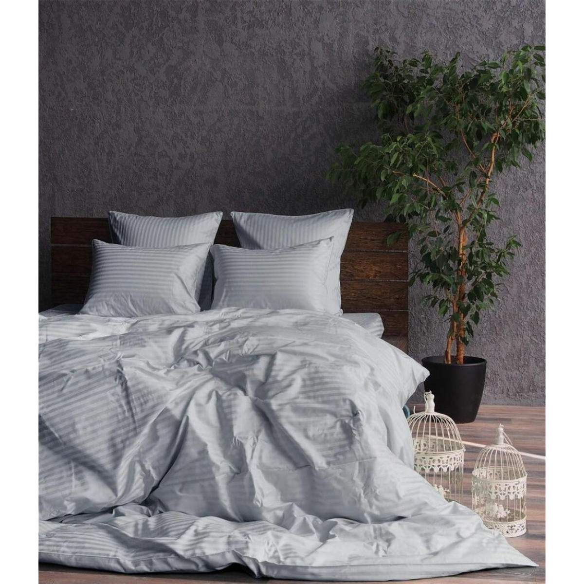 Комплект постільної білизни страйп сатин Stripe Lux Light Grey в Leron - фото