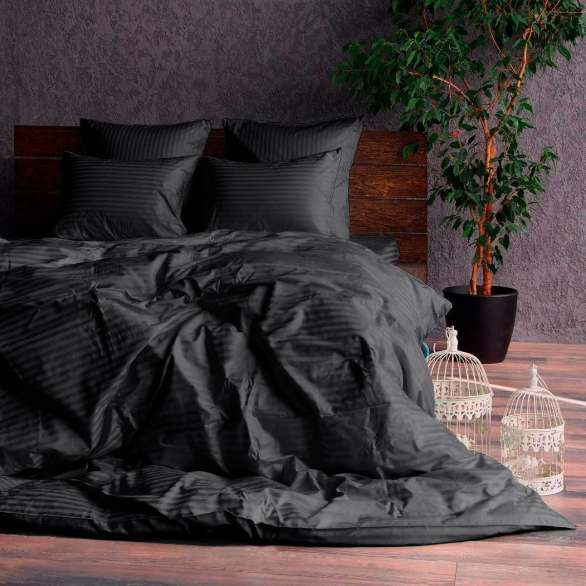 Черное постельное белье страйп сатин Stripe Lux Black в Leron - фото