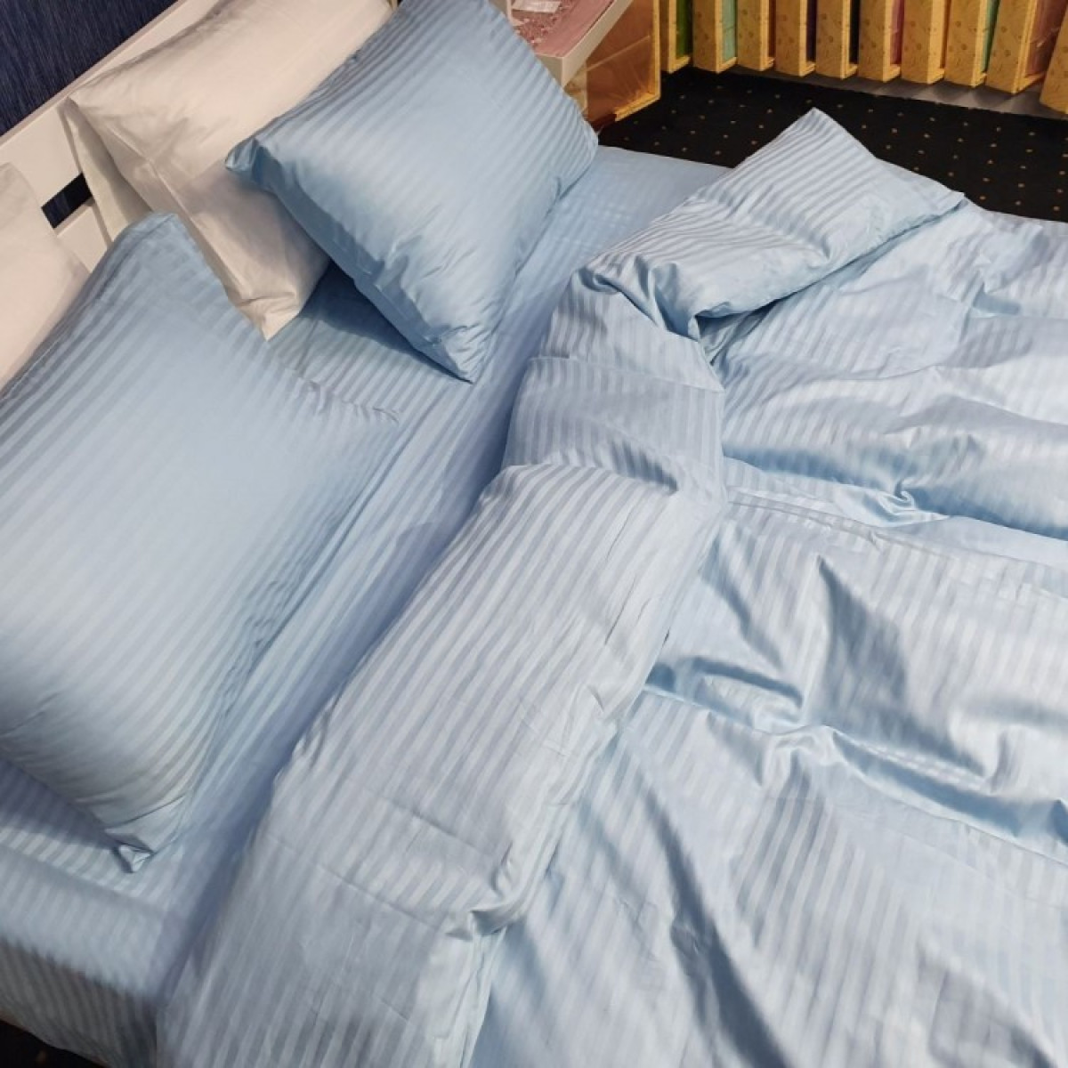 Блакитна постільна білизна страйп сатин Stripe Lux Light Blue в Leron - фото