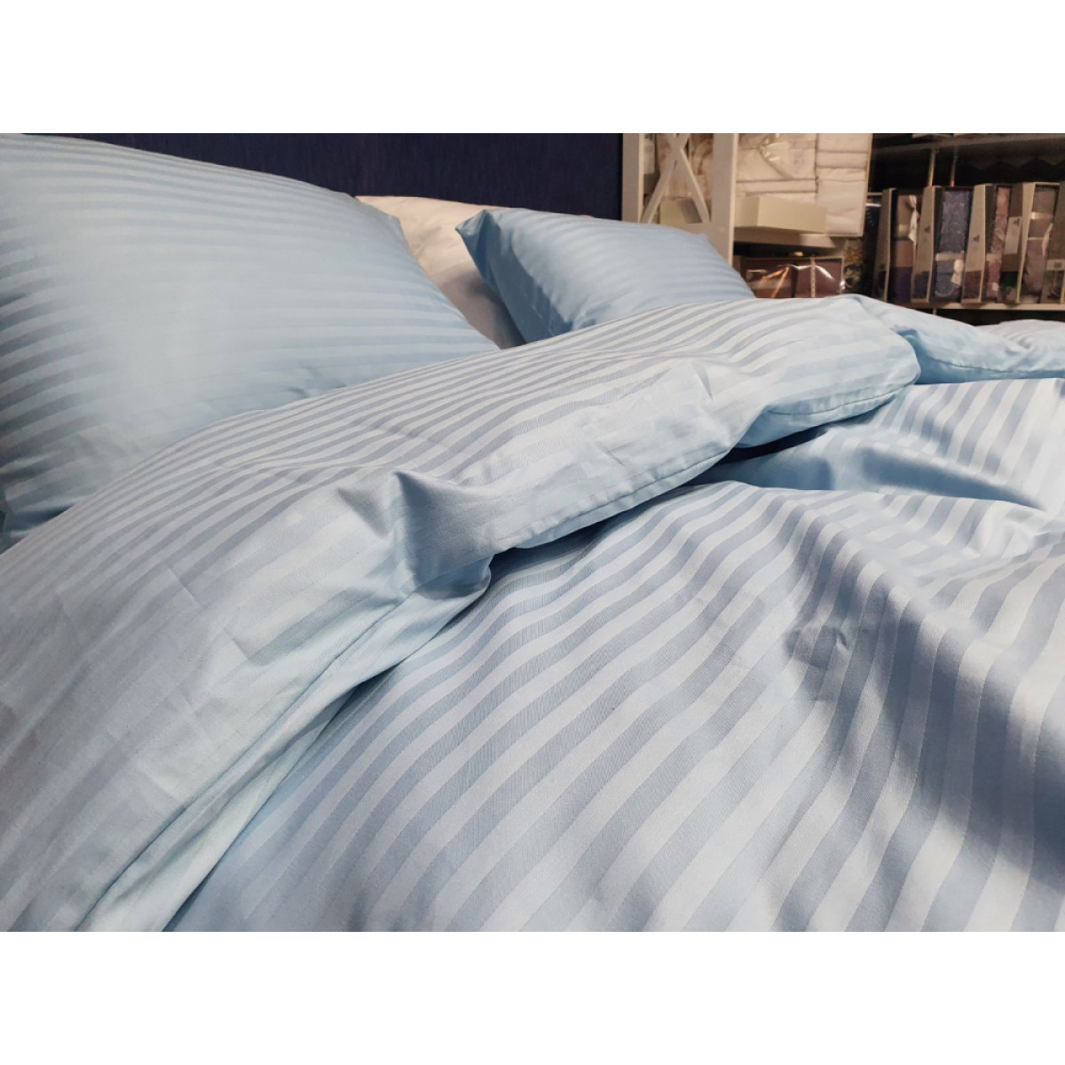 Блакитна постільна білизна страйп сатин Stripe Lux Light Blue