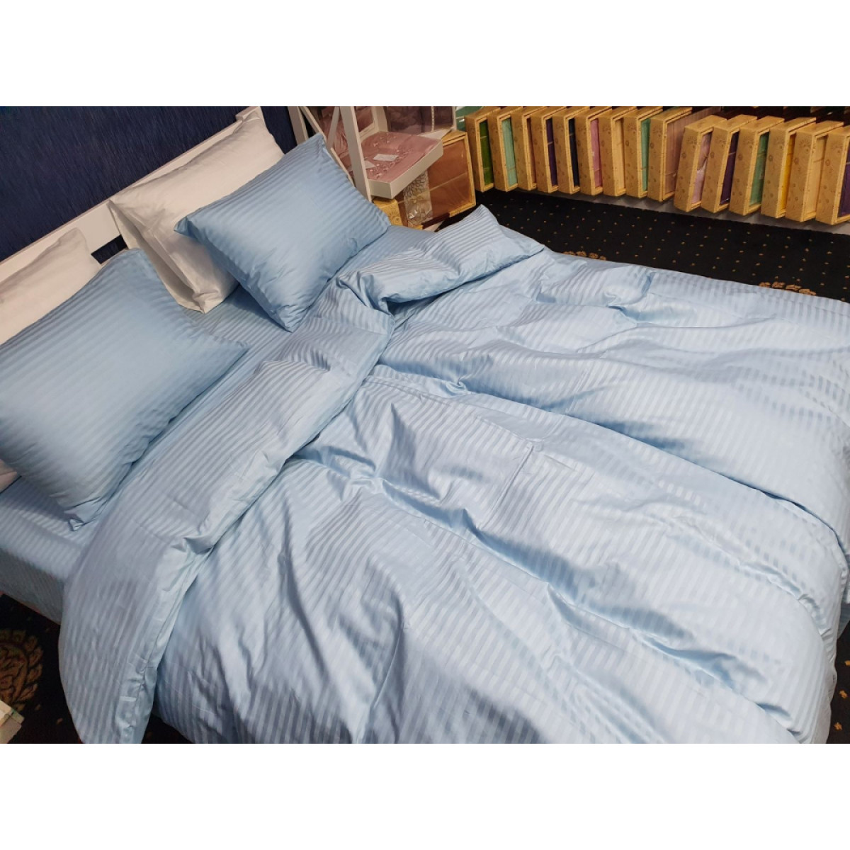 Блакитна постільна білизна страйп сатин Stripe Lux Light Blue
