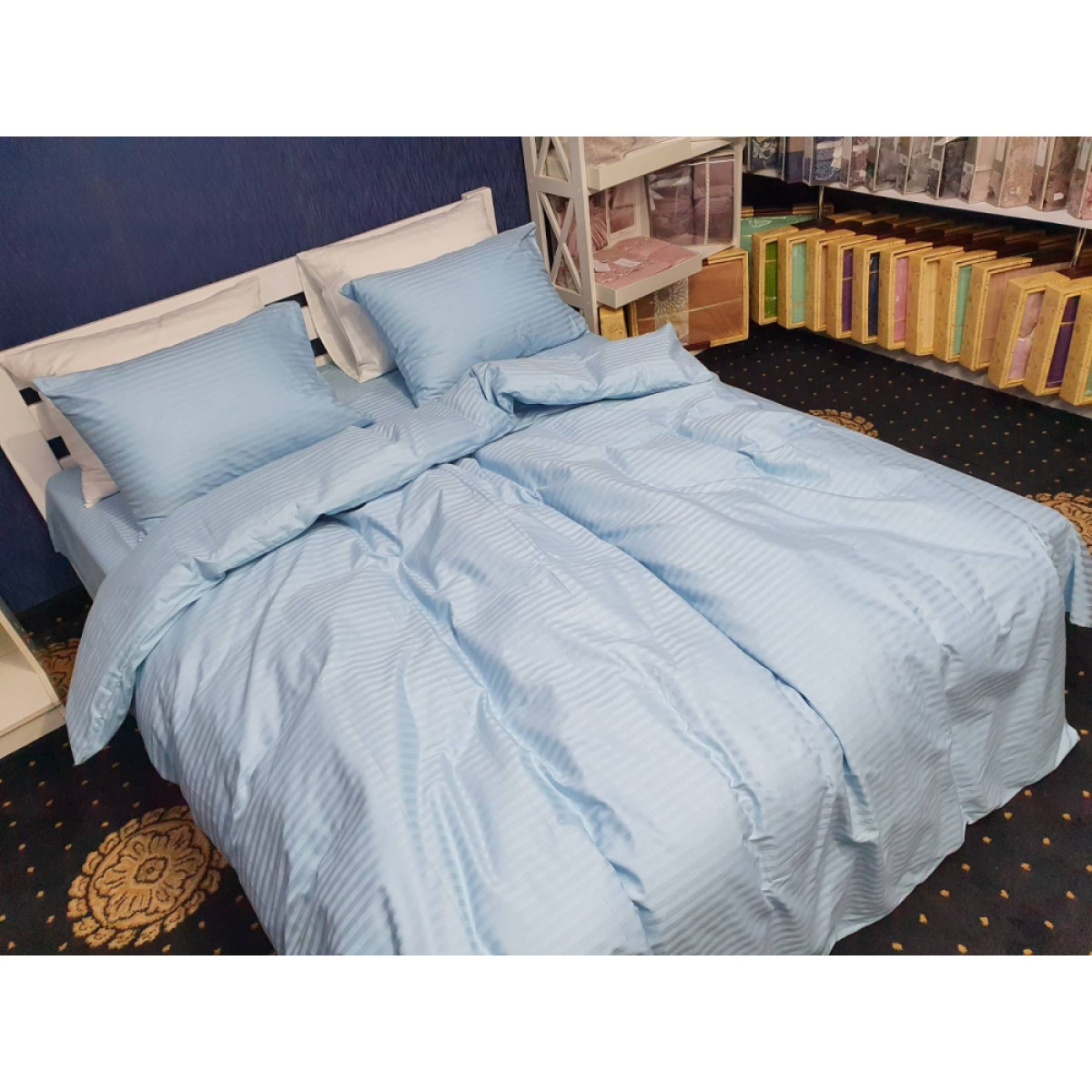 Блакитна постільна білизна страйп сатин Stripe Lux Light Blue