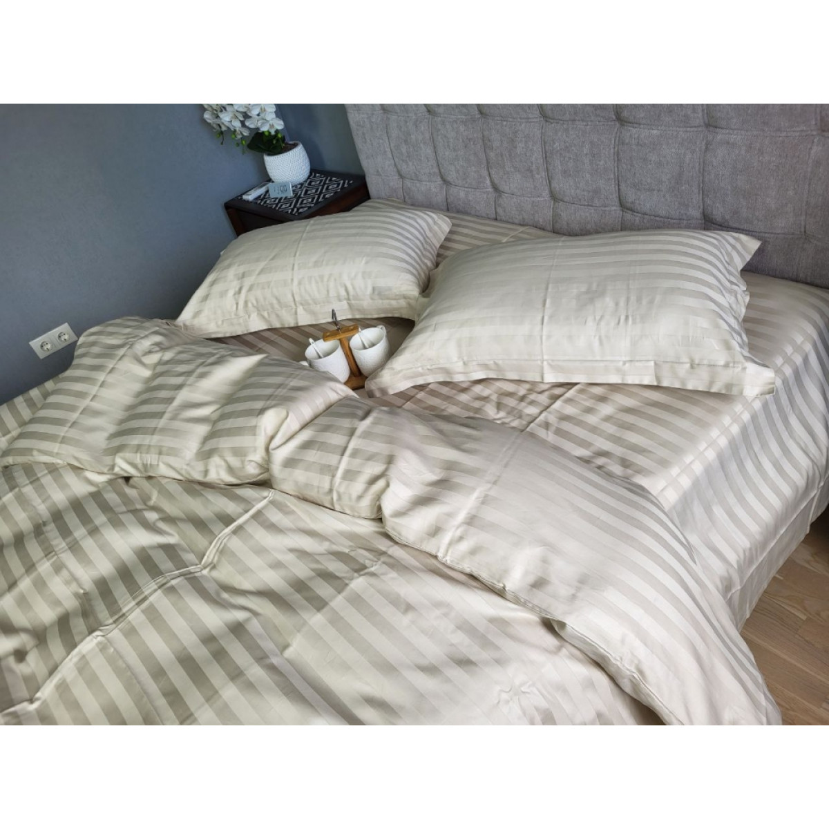 Бежева постільна білизна сатин страйп Premium Beige