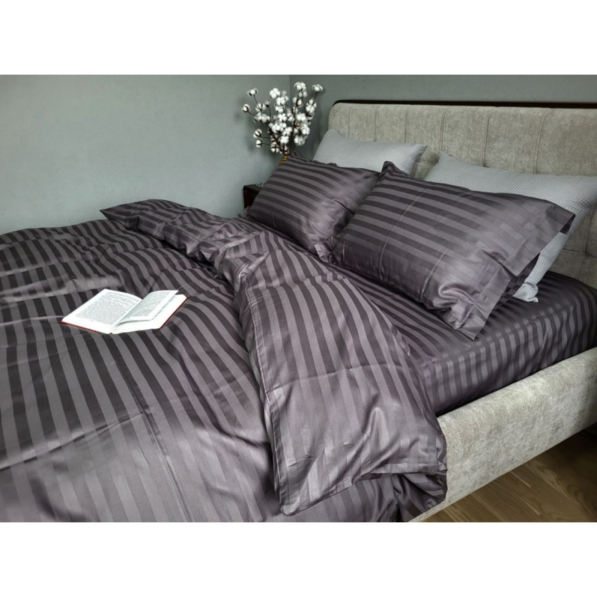 Сіра постільна білизна зі страйп сатину Premium Royal Gray