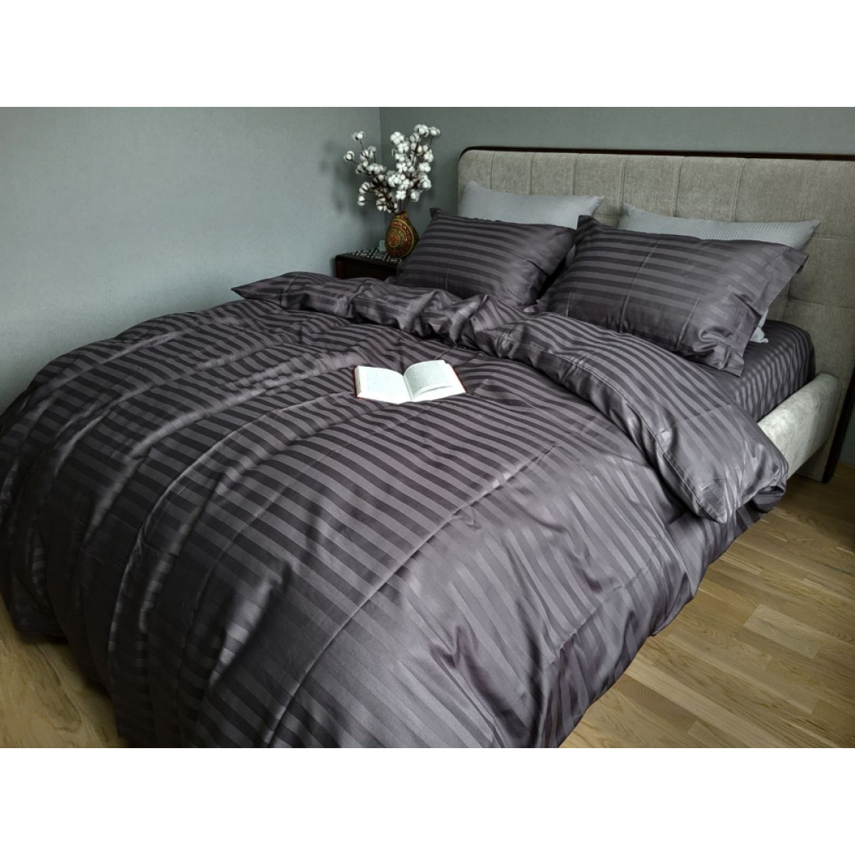 Сіра постільна білизна зі страйп сатину Premium Royal Gray
