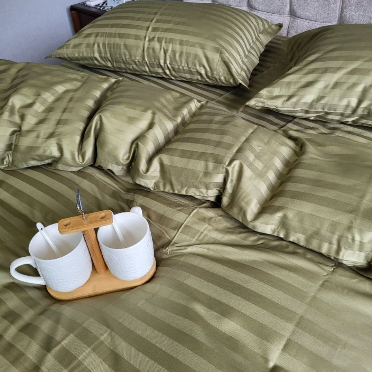 Комплект постільної білизни страйп сатин Premium Khaki в Leron - фото