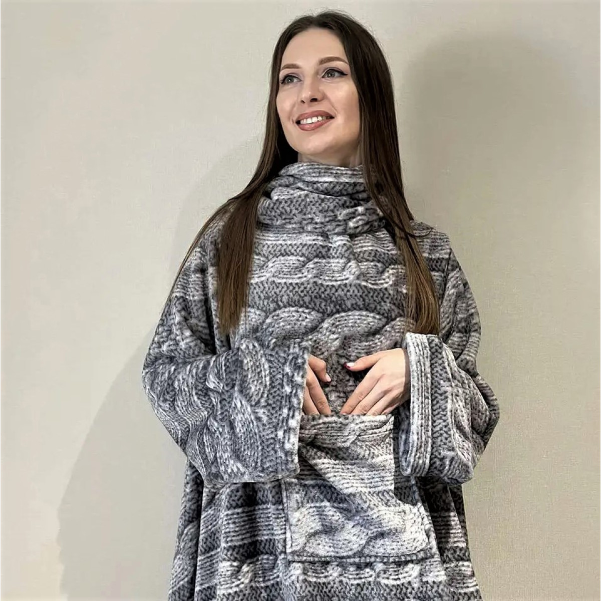 М'який теплий пухнастий плед з рукавами велсофт В'язанка Сіра в Leron - фото