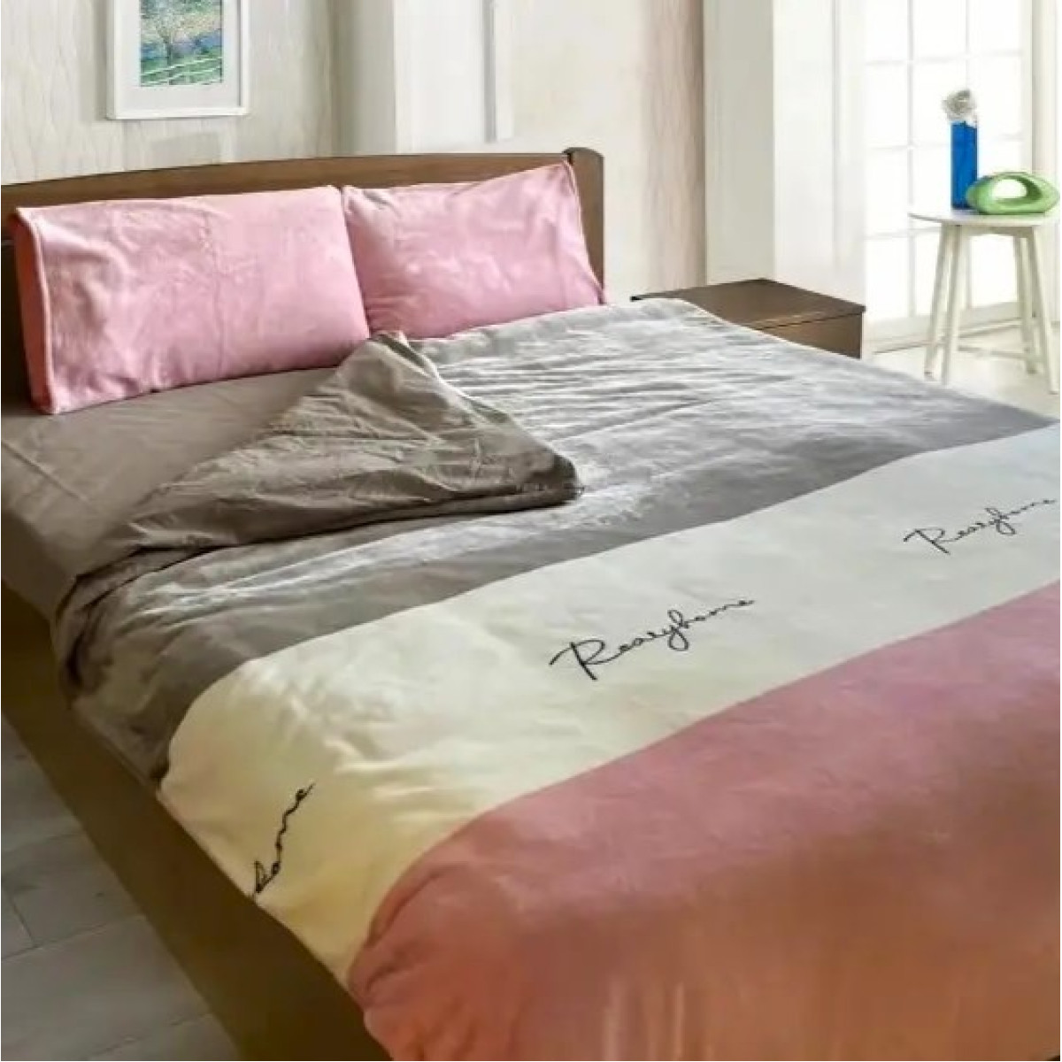 Постіль плюшева Смуга сіро-рожева мікрофібра+бязь в Leron - фото